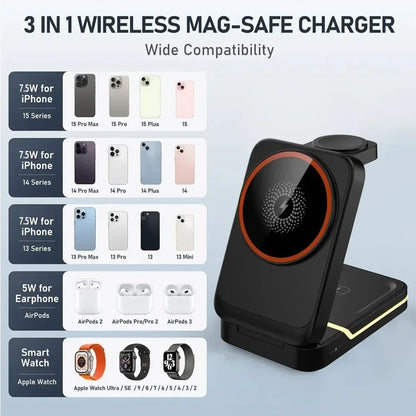 3 in 1 Magnetic Foldable Travel Fast Wireless Charger Stand For Magsafe iPhone 16 15 14 13 12 Pro Apple Watch 2-9 SE Airpods Pro