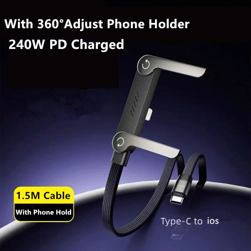 Fast Charging Foldable Phone Stand With 360° Rotating Charging Data Cable 2-in-1 For iPhone 7 8 Plus 11 12 13 14 Pro max
