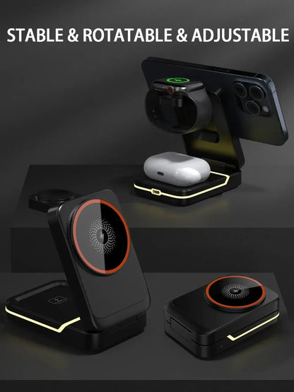 3 in 1 Magnetic Foldable Travel Fast Wireless Charger Stand For Magsafe iPhone 16 15 14 13 12 Pro Apple Watch 2-9 SE Airpods Pro