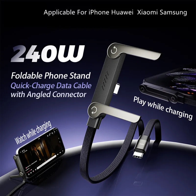 Fast Charging Foldable Phone Stand With 360° Rotating Charging Data Cable 2-in-1 For iPhone 7 8 Plus 11 12 13 14 Pro max